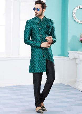 Green Asymmetric Woven Indo Western Sherwani 