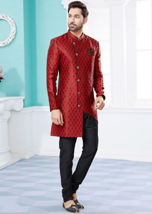 Red Woven Indo Western Sherwani For Men