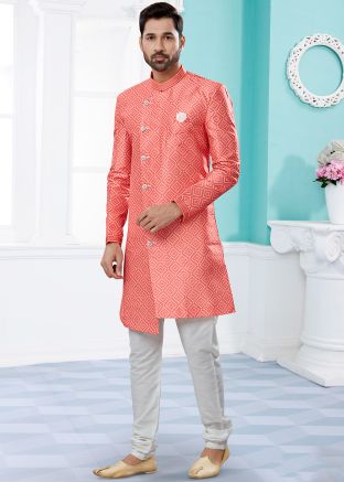 Peach Printed Indo Western Sherwani In Jacquard