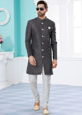 Readymade Black Printed Indo Western Sherwani 