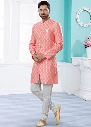Peach Jacquard Indo Western Woven Sherwani For Men