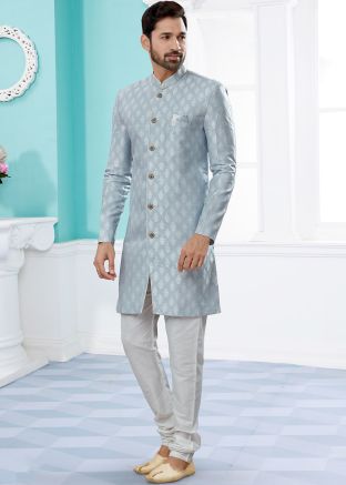 Blue Woven Indo Western Sherwani In Jacquard