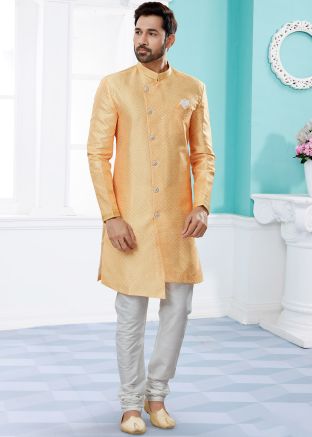 Yellow Indo Western Sherwani With Printed Details