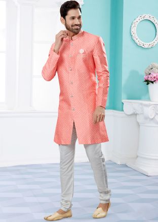 Readymade Peach Mens Printed Indo Western Sherwani 