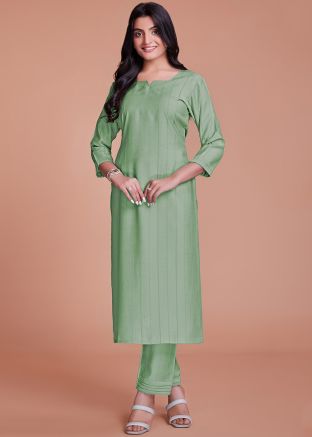 Readymade Green Woven Kurta Set