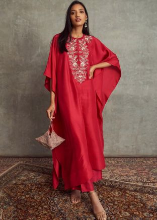 Red Embroidered Asymmetric Kurti
