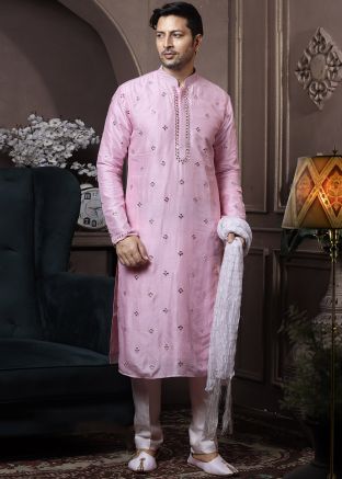 Pink Readymade Mirror Embroidered Kurta Pajama