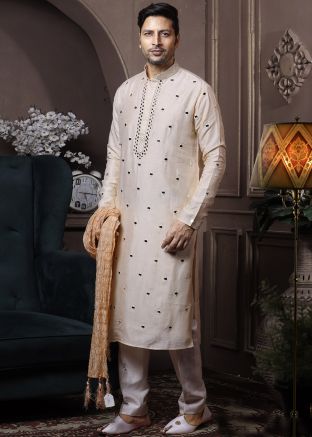 Cream Readymade Mirror Embroidered Kurta Pajama