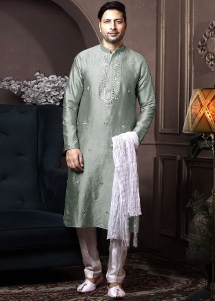 Readymade Green Mirror Embroidered Kurta Pajama