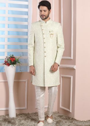 Readymade Green Indo Western Sherwani In Woven Design