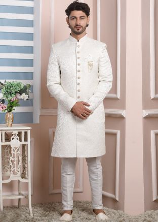Cream Woven Indo Western Sherwani For Men