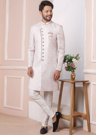 Pink Mens Woven Indo Western Sherwani Set