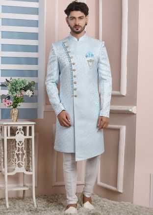 Blue Asymmetric Indo Western Sherwani In Woven Designs