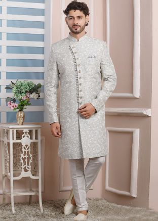 Grey Woven Mens Indo Western Sherwani Set