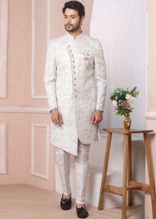 Off White Asymmetric Woven Indo Western Sherwani