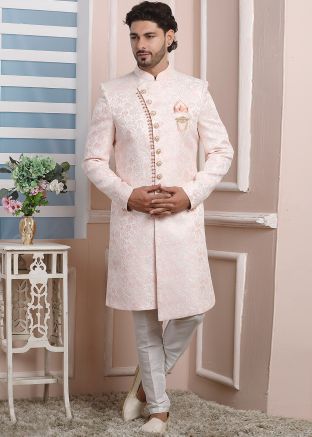 Pink Woven Asymmetric Indo Western Sherwani