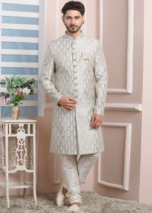 Grey Indo Western Sherwani Set In Woven Design