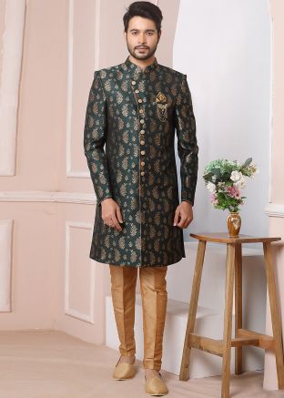 Green Zari Woven Indo Western Sherwani Set