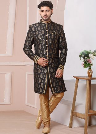Black Indo Western Sherwani In Zari Woven Design