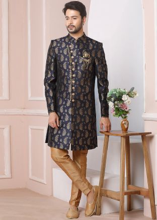 Navy Blue Indo Western Zari Woven Sherwani