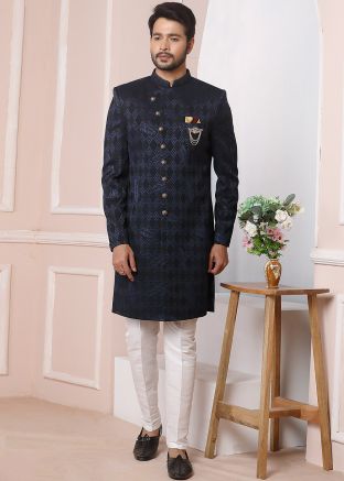Navy Blue Woven Indo Western Sherwani For Men
