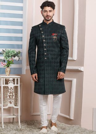 Green Mens Woven Indo Western Sherwani Set