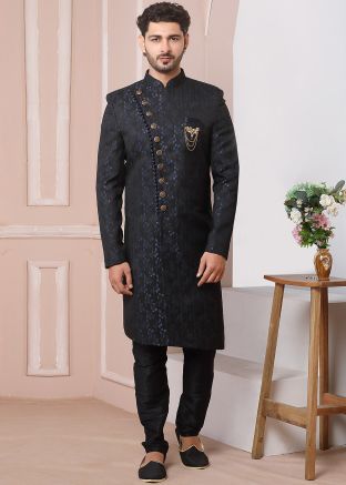Mens Black Woven Indo Western Sherwani & Pant