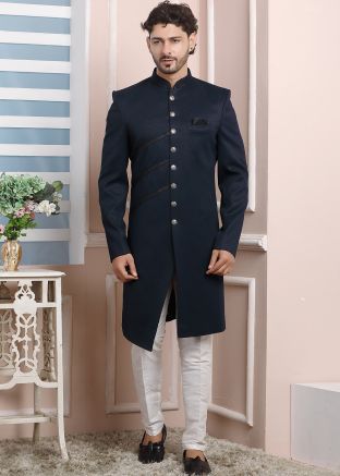 Blue Plain Asymmetric Indo Western Sherwani Set