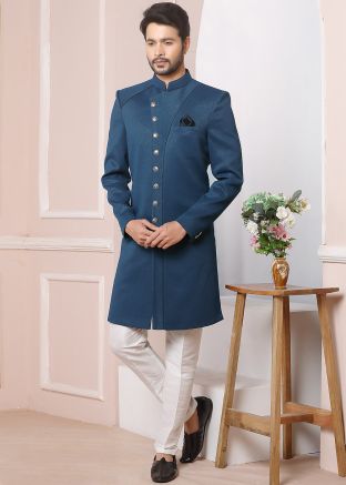 Readymade Blue Plain Indo Western Sherwani Set