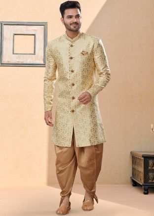 Beige Readymade Woven Sherwani With Dhoti Set