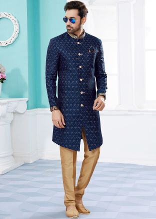 Blue Readymade Thread Embroidered Indo Western Sherwani