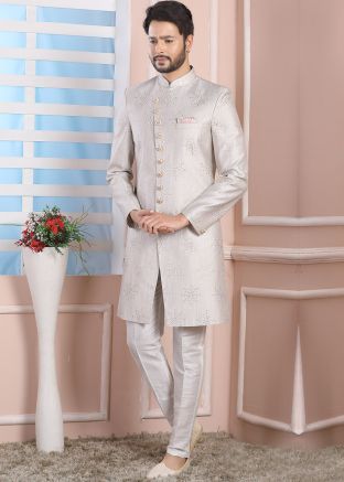 Silver Readymade Embroidered Indo Western Sherwani