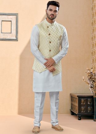 White Readymade Kurta Pajama Set With Woven Jacket