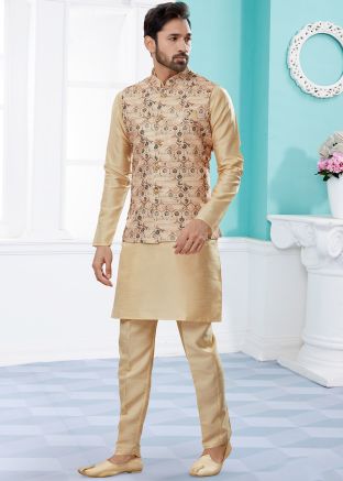 Beige Readymade Kurta Pajama Set With Printed Jacket