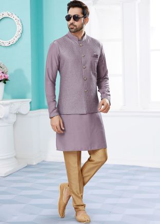 Purple Readymade Kurta Pajama Set In Dupion Silk