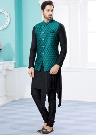 Readymade Black Asymmetric Kurta Pajama Set In Dupion Silk
