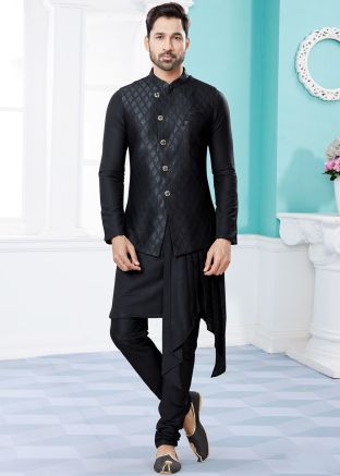 Black Readymade Silk Kurta Pyjama With Jacket