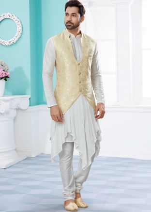 White Readymade Asymmetric Kurta Pyjama With Nehru Jacket