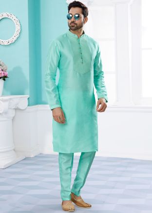 Turquoise Readymade Kurta Pyjama In Dupion Silk