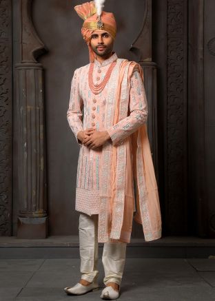 Peach Embroidered Sherwani Set & Stole