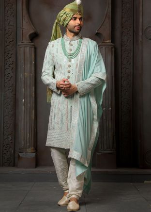Readymade Green Embroidered Sherwani Set