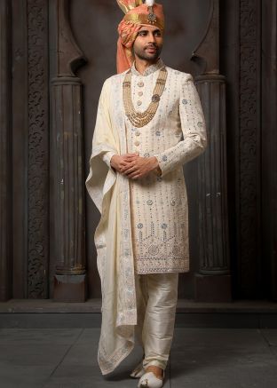 Cream Handwork Embroidered Sherwani & Churidar