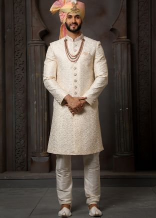 Cream Embroidered Art Silk Sherwani Set