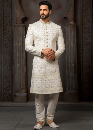 Cream Handwork Embroidered Art Silk Sherwani Set