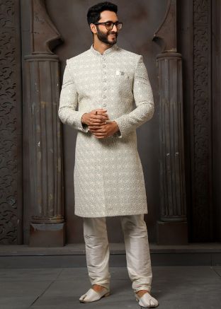 Readymade Grey Embroidered Mens Sherwani Set
