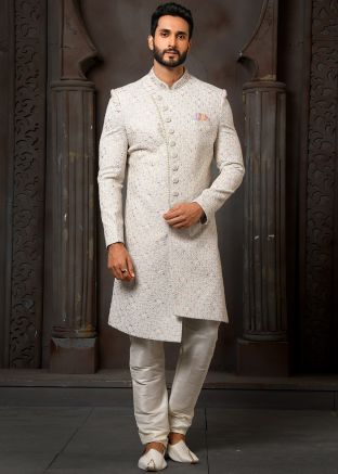 Blue Embroidered Asymmetric Sherwani Set