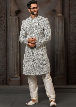 Black Embroidered Sherwani Set In Art Silk