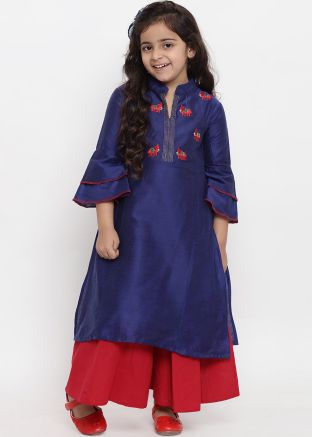 Bue Bell Sleeved Embroidered Kids Kurta Palazzo Set