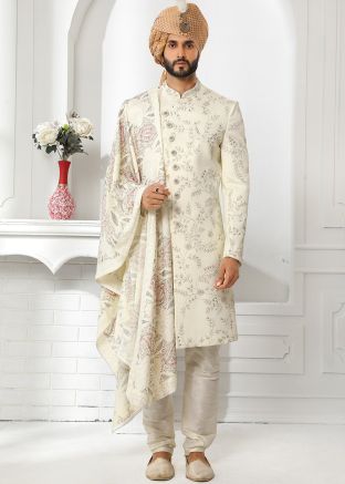 Cream Embroidered Sherwani Set For Men
