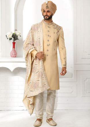 Beige Handwork Embroidered Sherwani With Churidar